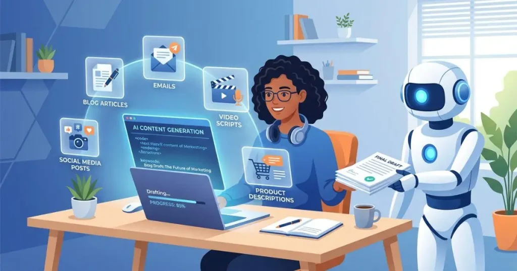 image of a content writer and a robot helping her